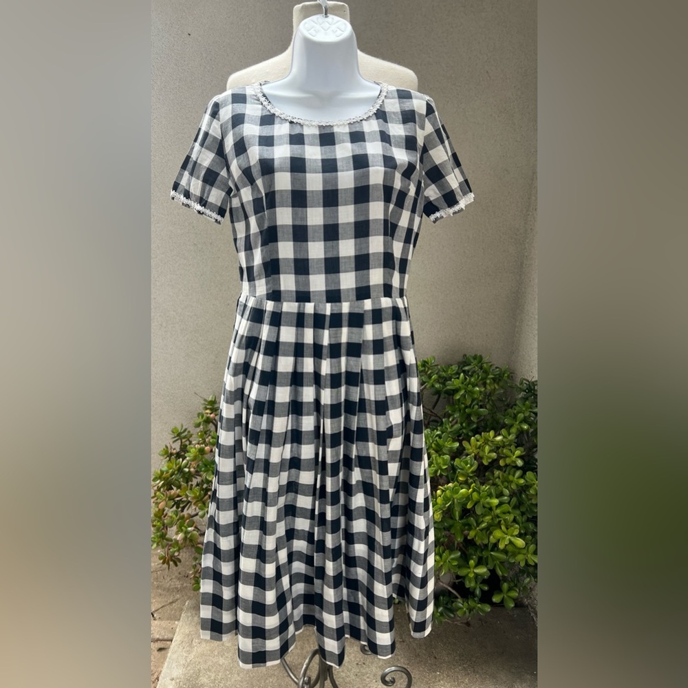 Vintage 60s midi dress checker black whiter floral trim Sz XS